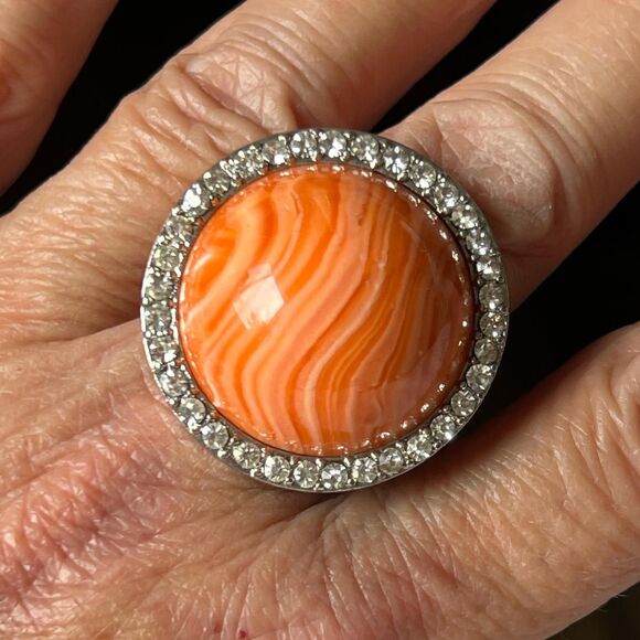 Vintage Ring - large orange stone surrounded by diamante and beads round finger - Picture 1 of 3